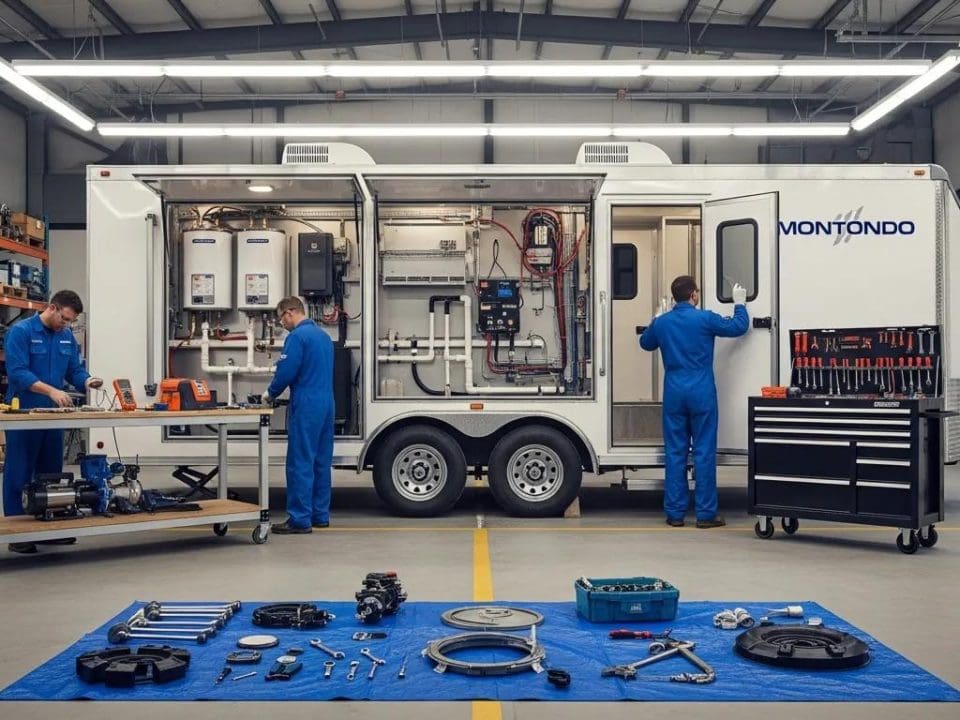 1. Mobile trailer workshop with industrial equipment and technicians working on trailers.