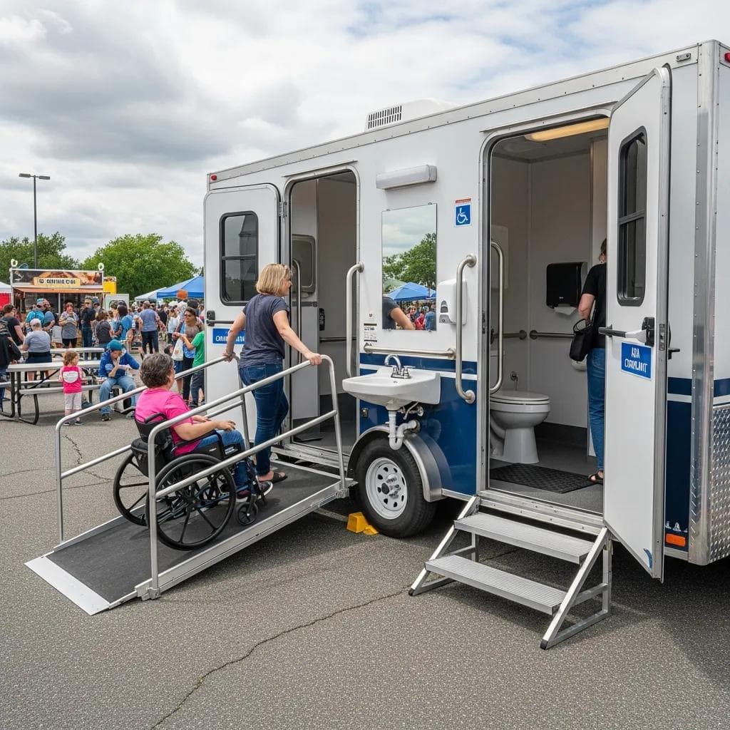 ADA-compliant restroom trailer parked at a public event showing accessibility-ready entrance and interior layout